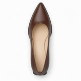 Brown matte pointed pump with low 5 cm flared block heel, top view — ECADRA