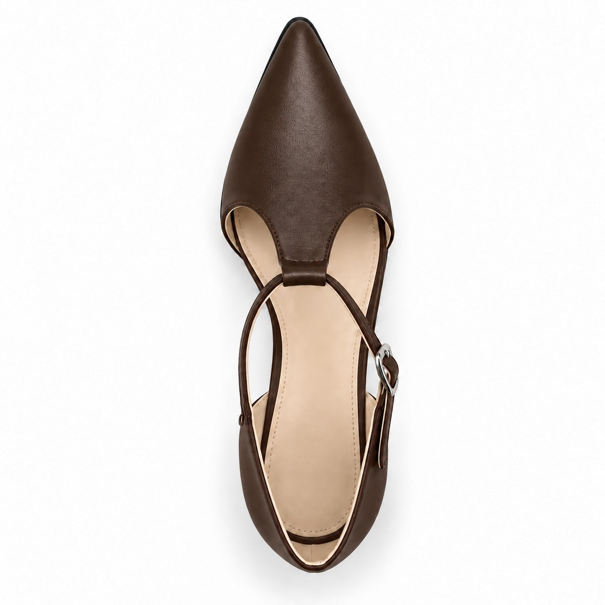 Brown matte T-strap heels with wide strap, silver buckle and 5 cm flared heel, top view — ECADRA