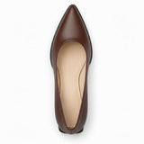 Brown matte pointed pump with low 5 cm flared block heel, top view — ECADRA