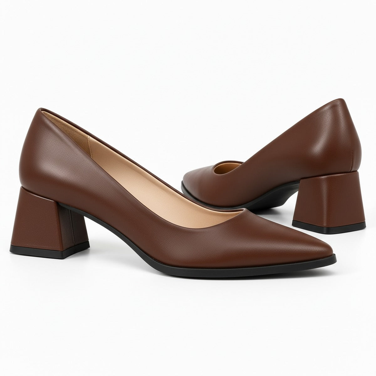 Brown matte pointed pump with low 5 cm flared block heel, the pair — ECADRA