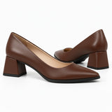Brown matte pointed pump with low 5 cm flared block heel, the pair — ECADRA
