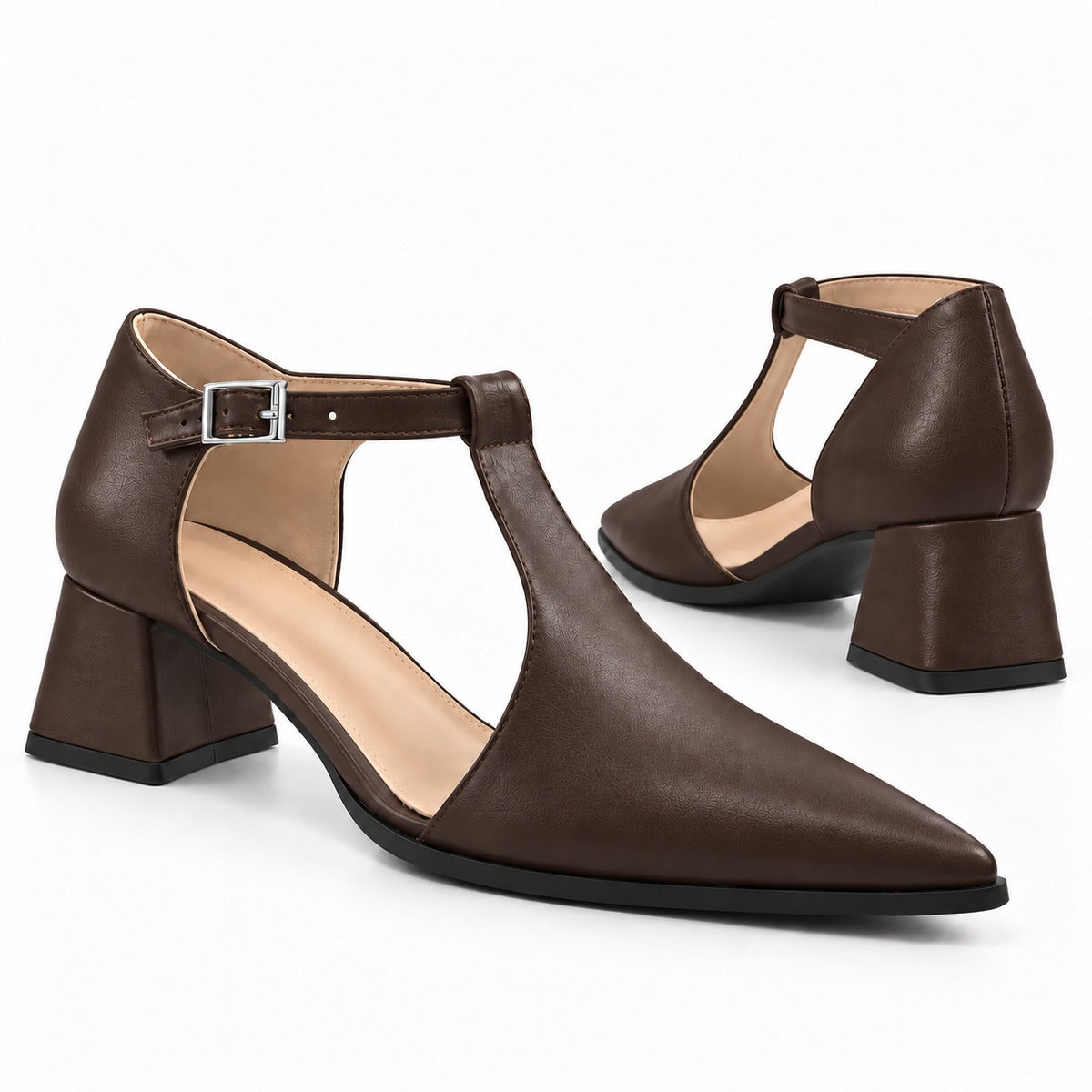 Brown matte T-strap heels with wide strap, silver buckle and 5 cm flared heel, the pair — ECADRA
