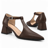 Brown matte T-strap heels with wide strap, silver buckle and 5 cm flared heel, the pair — ECADRA