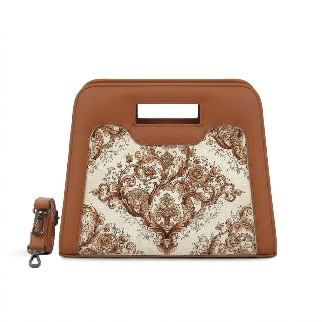 Havana Chic Peek Handbag Vintage Baroque Scrollwork Tan Damask Pattern - 1