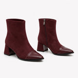 Burgundy wine red suede ankle boots featuring smooth leather cap toe and block heel on white background.