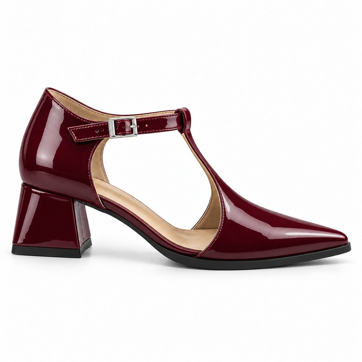 Burgundy gloss T-strap heels with wide strap, silver buckle and 5 cm flared heel, side view — ECADRA