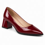 Burgundy gloss pointed pump with low 5 cm flared block heel, front three-quarter view — ECADRA