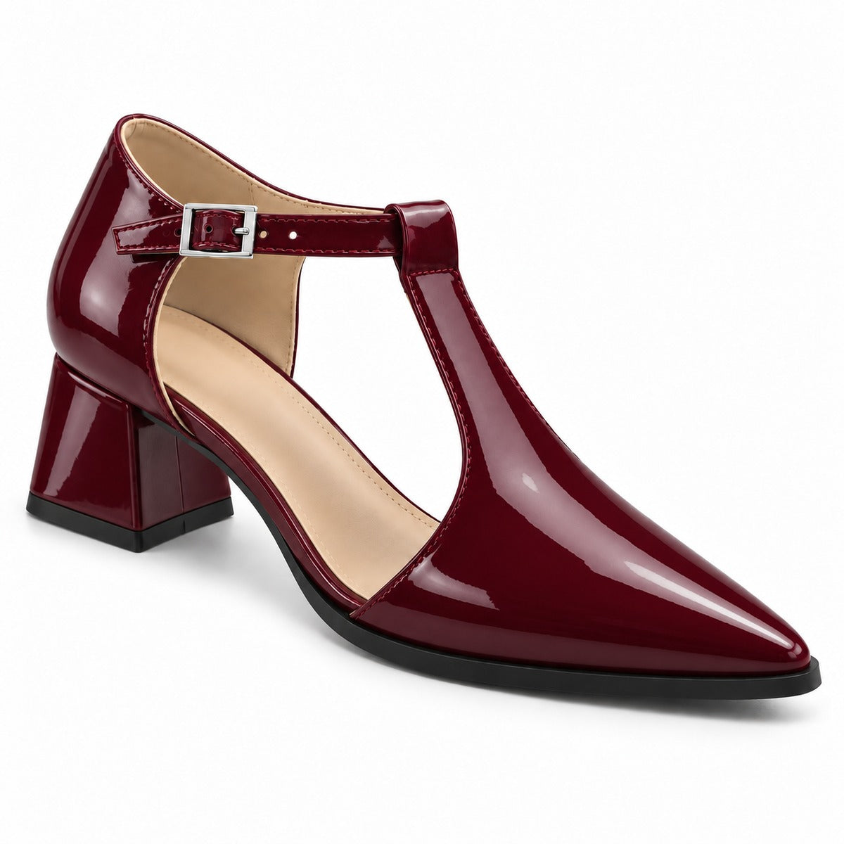 Burgundy gloss T-strap heels with wide strap, silver buckle and 5 cm flared heel, front three-quarter view — ECADRA