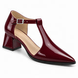 Burgundy gloss T-strap heels with wide strap, silver buckle and 5 cm flared heel, front three-quarter view — ECADRA