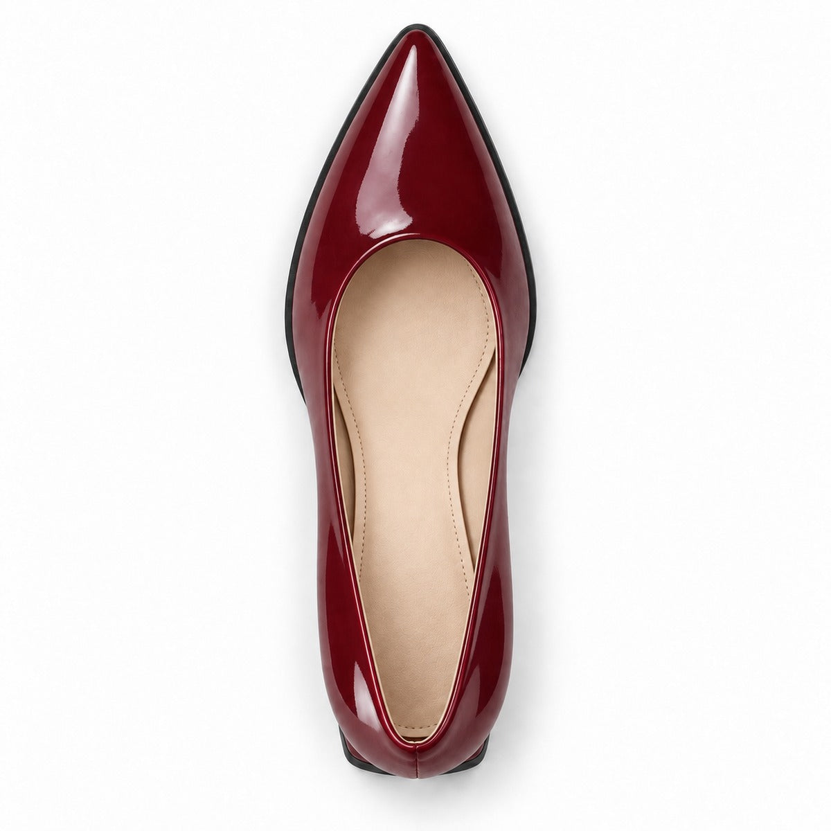 Burgundy gloss pointed pump with low 5 cm flared block heel, top view — ECADRA