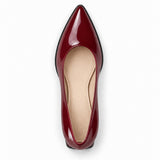 Burgundy gloss pointed pump with low 5 cm flared block heel, top view — ECADRA