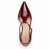 Burgundy gloss T-strap heels with wide strap, silver buckle and 5 cm flared heel, top view — ECADRA
