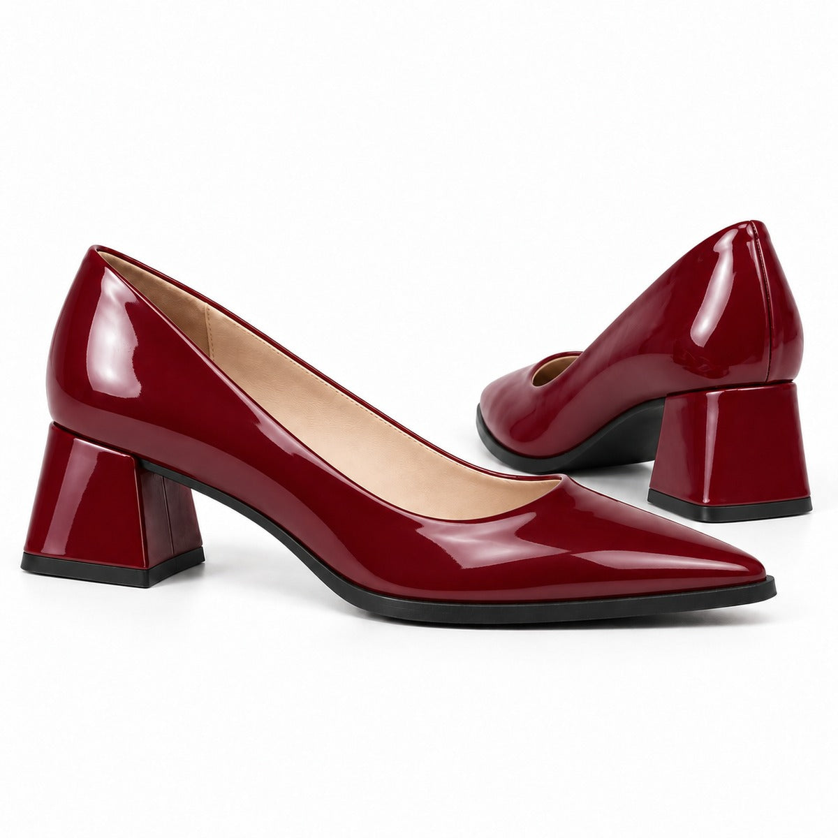 Burgundy gloss pointed pump with low 5 cm flared block heel, the pair — ECADRA