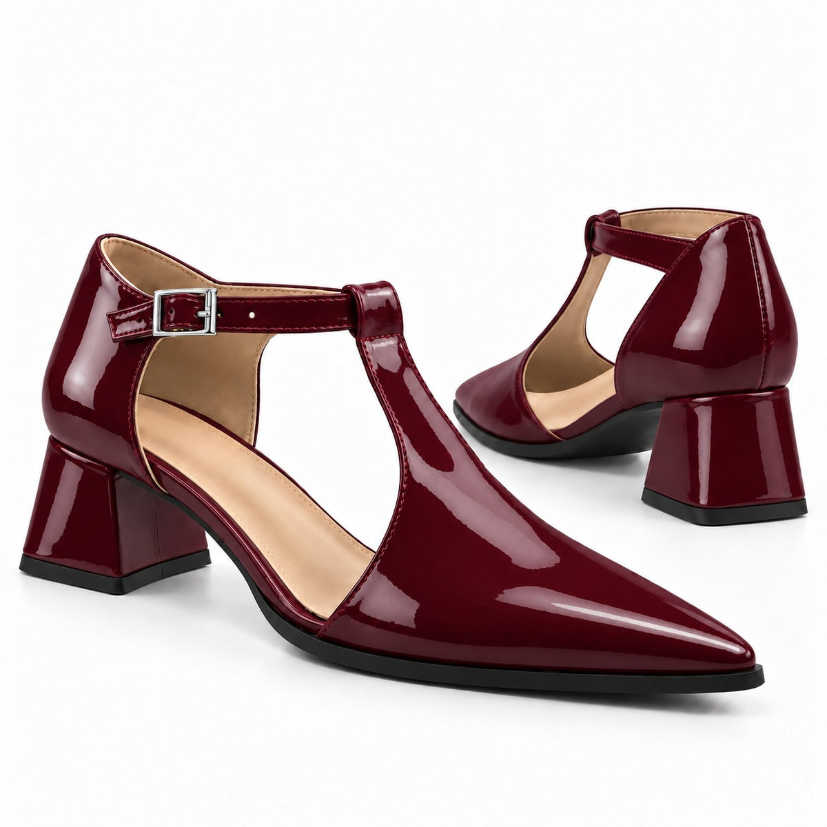 Burgundy gloss T-strap heels with wide strap, silver buckle and 5 cm flared heel, the pair — ECADRA