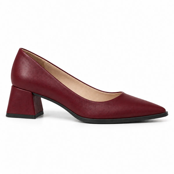 Burgundy matte pointed pump with low 5 cm flared block heel, side view — ECADRA