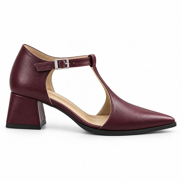 Burgundy matte T-strap heels with wide strap, silver buckle and 5 cm flared heel, side view — ECADRA
