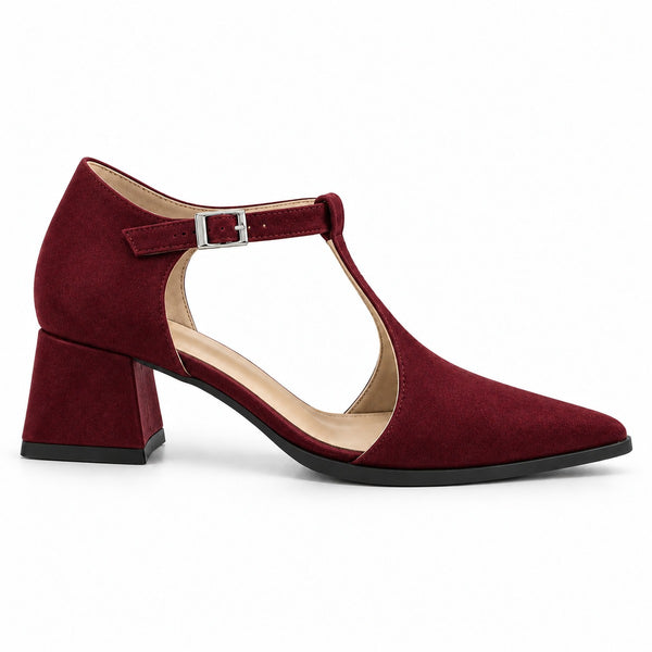 Burgundy suede T-strap heels with wide strap, silver buckle and 5 cm flared heel, side view — ECADRA