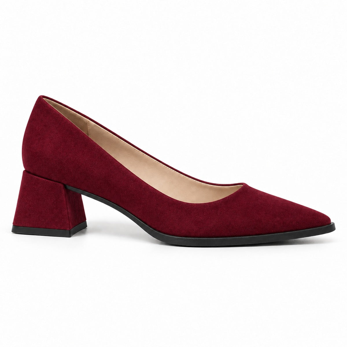 Burgundy suede pointed pump with low 5 cm flared block heel, side view — ECADRA