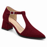 Burgundy suede T-strap heels with wide strap, silver buckle and 5 cm flared heel, front three-quarter view — ECADRA