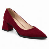 Burgundy suede pointed pump with low 5 cm flared block heel, front three-quarter view — ECADRA