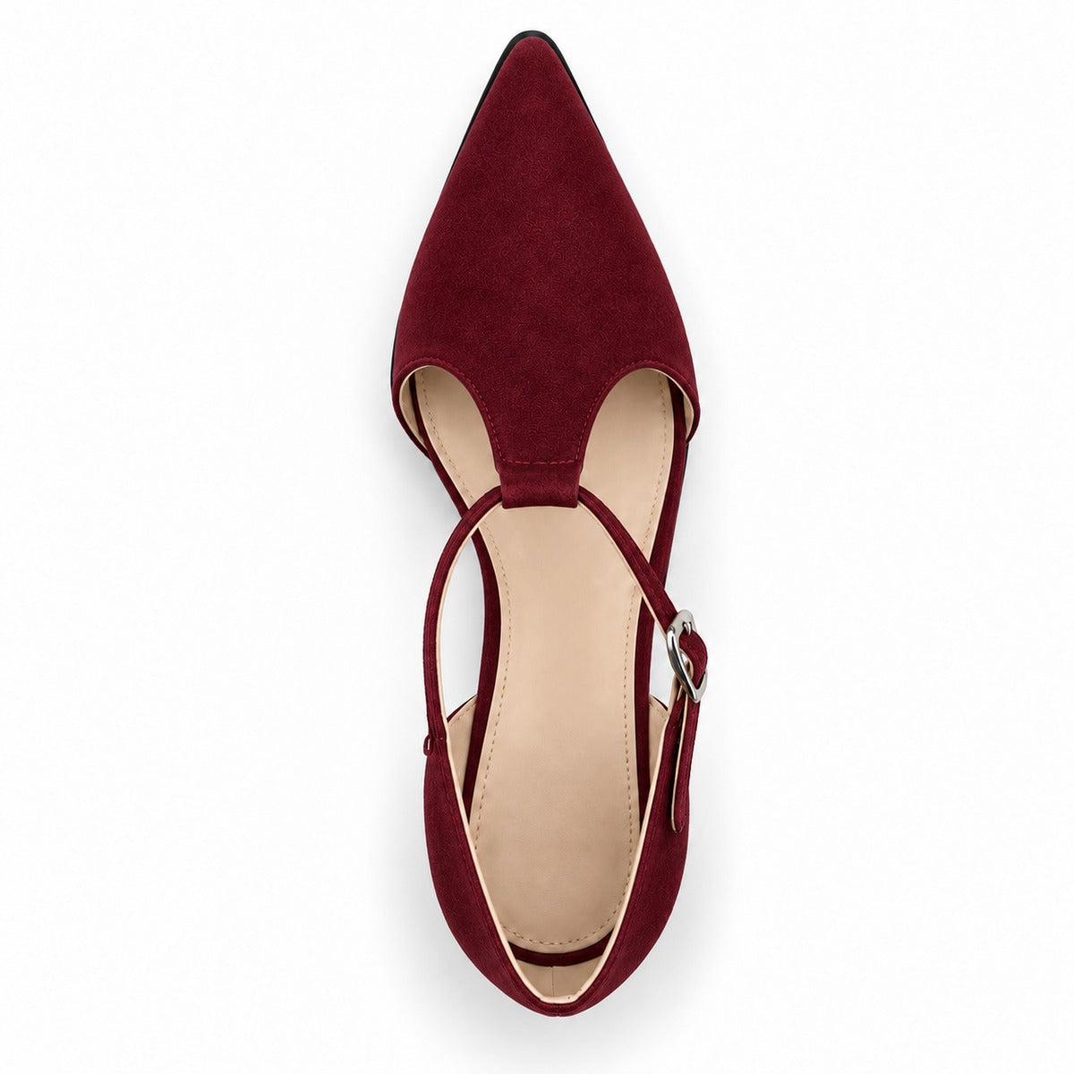 Burgundy suede T-strap heels with wide strap, silver buckle and 5 cm flared heel, top view — ECADRA