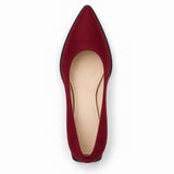 Burgundy suede pointed pump with low 5 cm flared block heel, top view — ECADRA