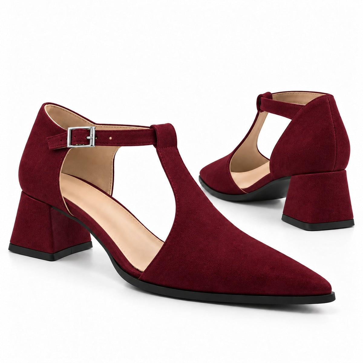 Burgundy suede T-strap heels with wide strap, silver buckle and 5 cm flared heel, the pair — ECADRA