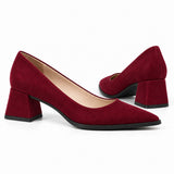 Burgundy suede pointed pump with low 5 cm flared block heel, the pair — ECADRA