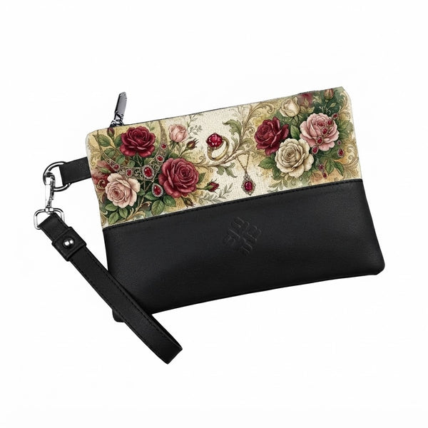 Black Toiletry Pouch Vintage Ruby Rose Jewel Floral