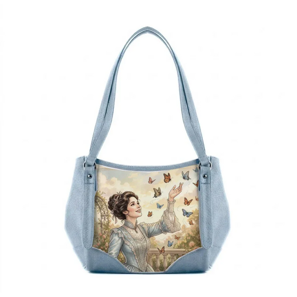 Blue Leather Tote Bag Vintage Edwardian Lady Butterfly Garden Cottagecore