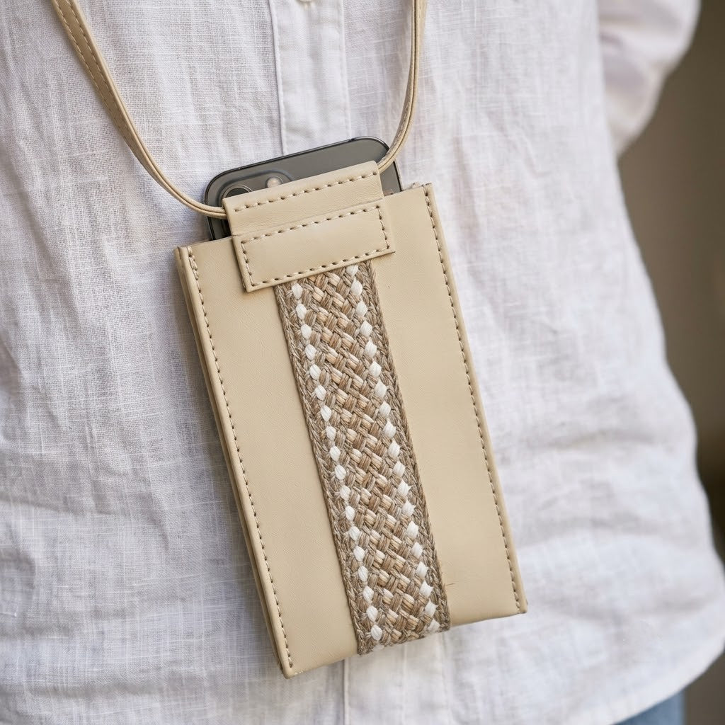 A beige minimalist crossbody phone pouch featuring a vertical woven texture detail is shown being worn by a person in c828d51d-a2f4-4360-a22e-e3a26e1b6426.jpg.