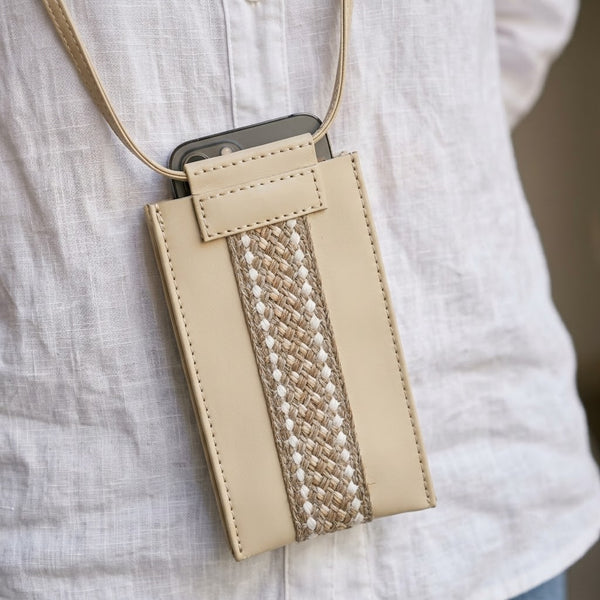 A beige minimalist crossbody phone pouch featuring a vertical woven texture detail is shown being worn by a person in c828d51d-a2f4-4360-a22e-e3a26e1b6426.jpg.