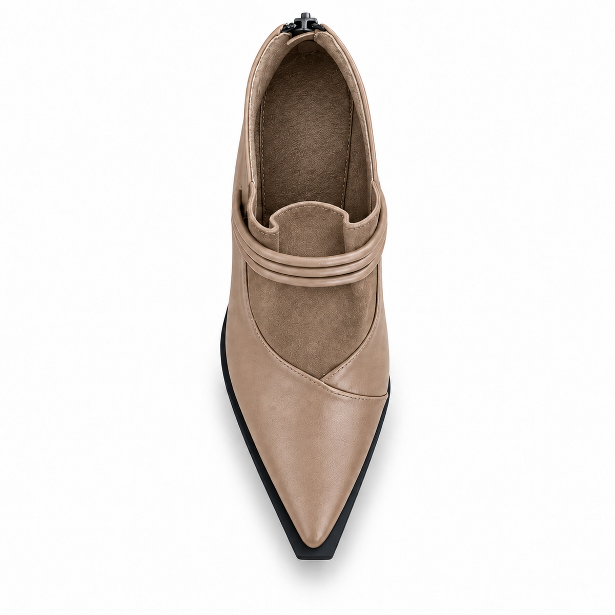 Café pointed-toe ankle boots with three coiled straps — top view — ECADRA