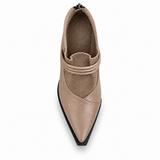 Café pointed-toe ankle boots with three coiled straps — top view — ECADRA