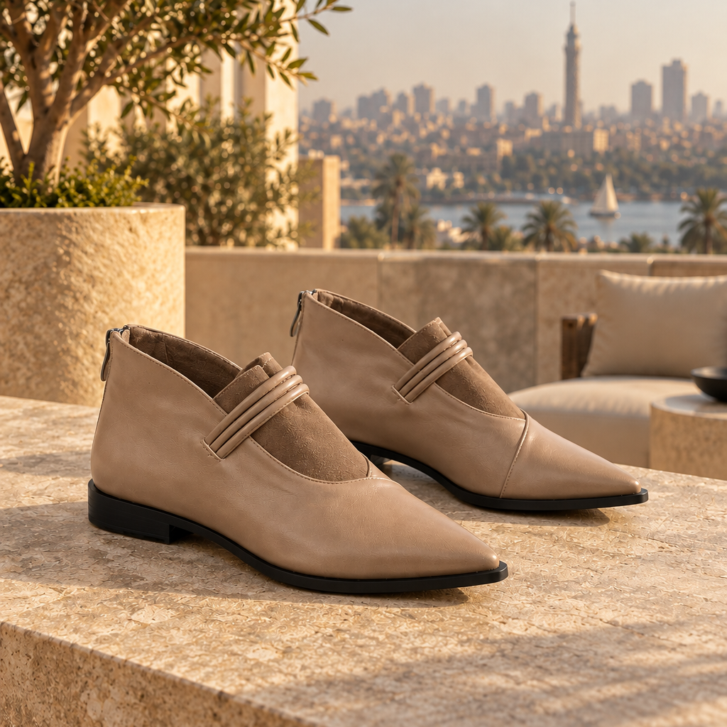 Café pointed-toe ankle boots with three coiled straps — pair on a Zamalek rooftop — ECADRA