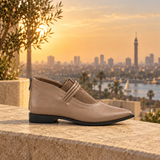 Café pointed-toe ankle boots with three coiled straps — three-quarter view — ECADRA
