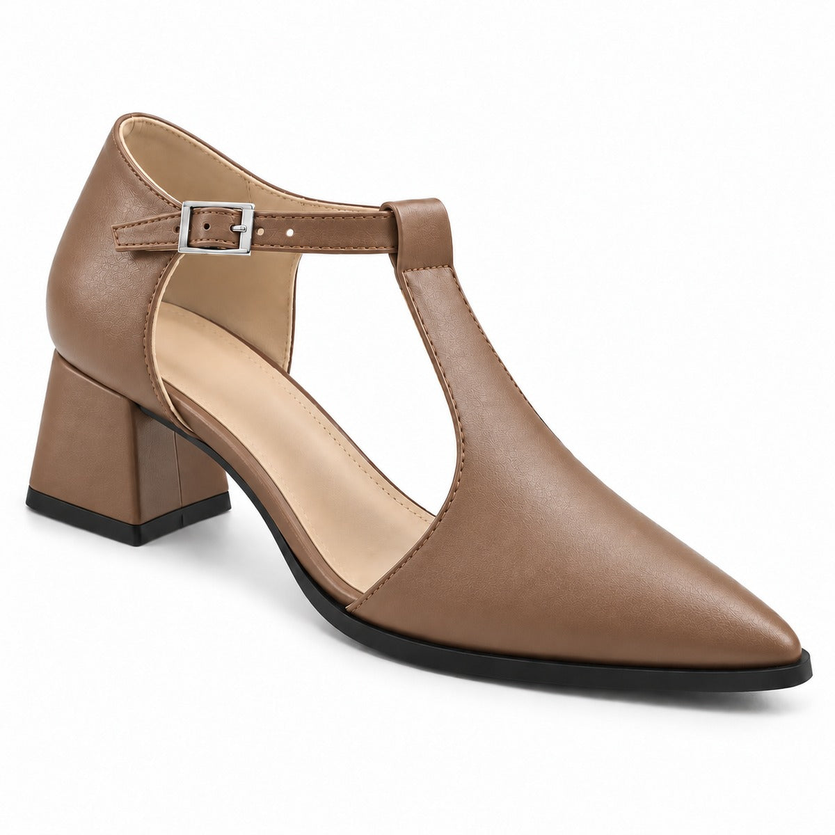 Café matte T-strap heels with wide strap, silver buckle and 5 cm flared heel, front three-quarter view — ECADRA