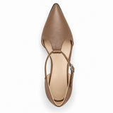 Café matte T-strap heels with wide strap, silver buckle and 5 cm flared heel, top view — ECADRA