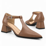 Café matte T-strap heels with wide strap, silver buckle and 5 cm flared heel, the pair — ECADRA
