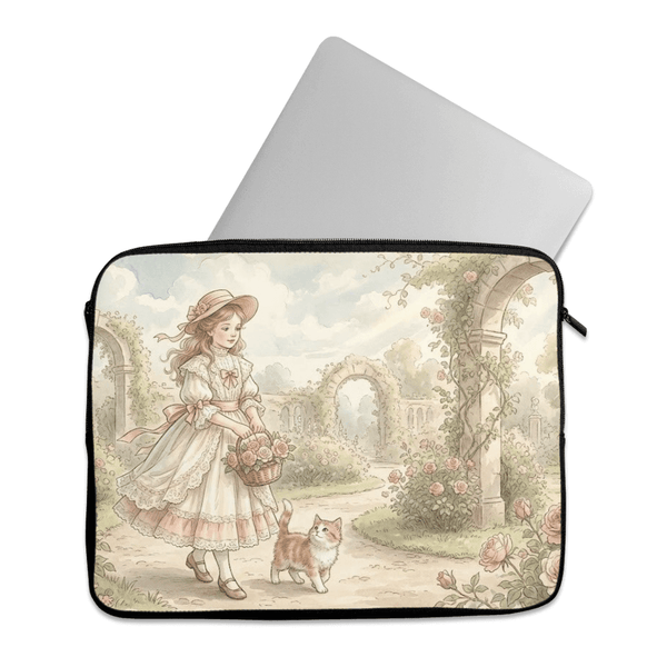 Laptop Sleeve Whimsical Vintage Girl with Kitten Roses Garden Art - 1