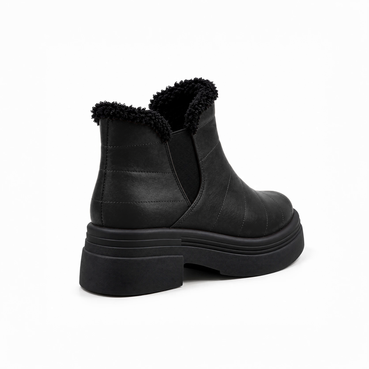 Black Leather Teddy Puffer Boots back view – faux-fur collar – ECADRA