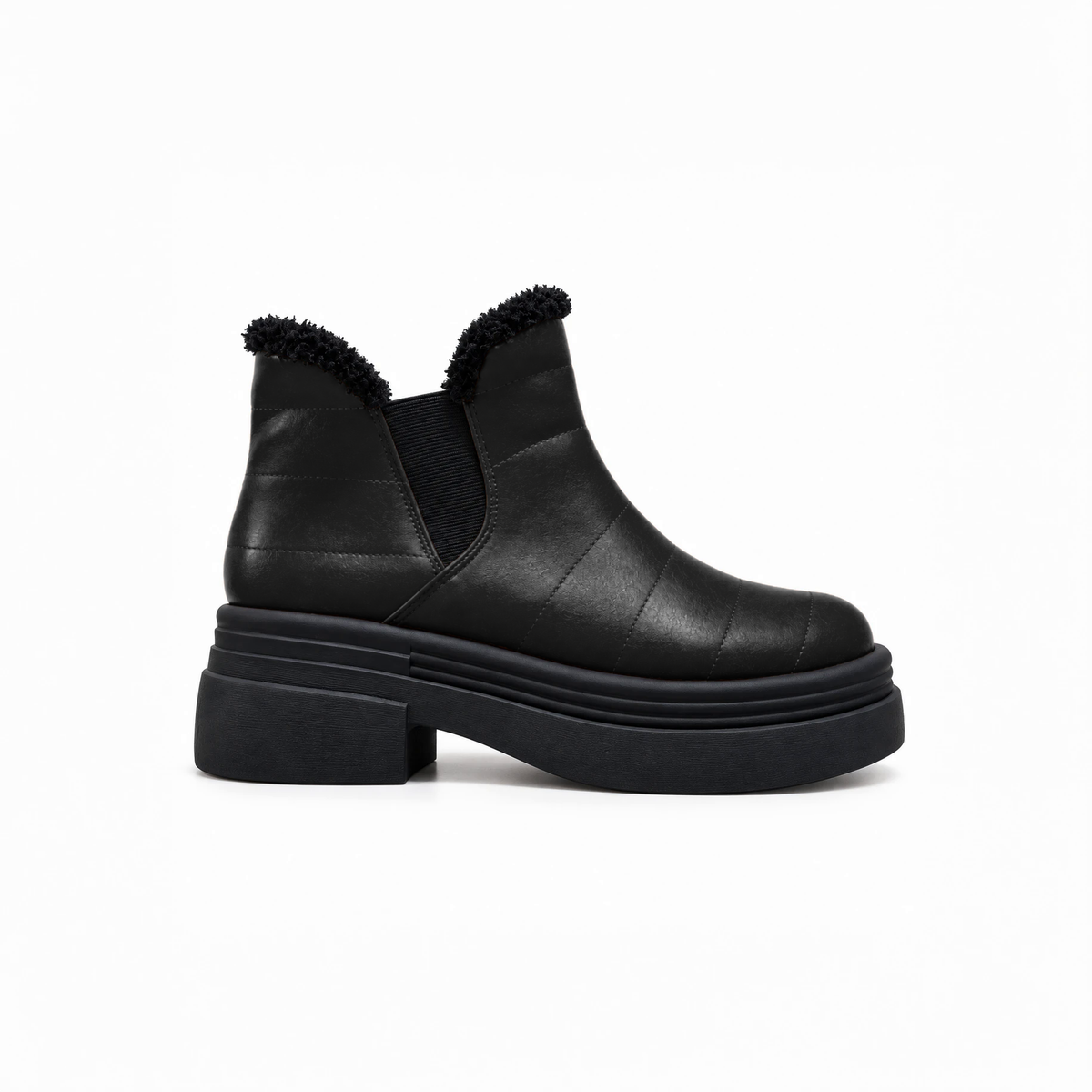Black Leather Teddy Puffer Boots side view – chunky platform sole – ECADRA