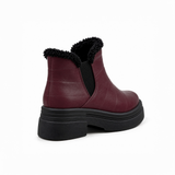 Burgundy Leather Teddy Puffer Boots back view – faux-fur collar – ECADRA