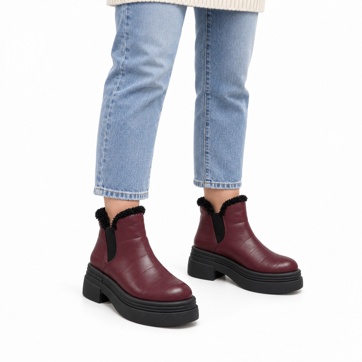 Burgundy Leather Teddy Puffer Boots on a model – هاف بوت فرو حريمي – ECADRA (2)