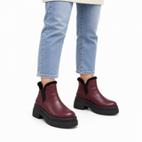 Burgundy Leather Teddy Puffer Boots on a model – هاف بوت فرو حريمي – ECADRA (2)