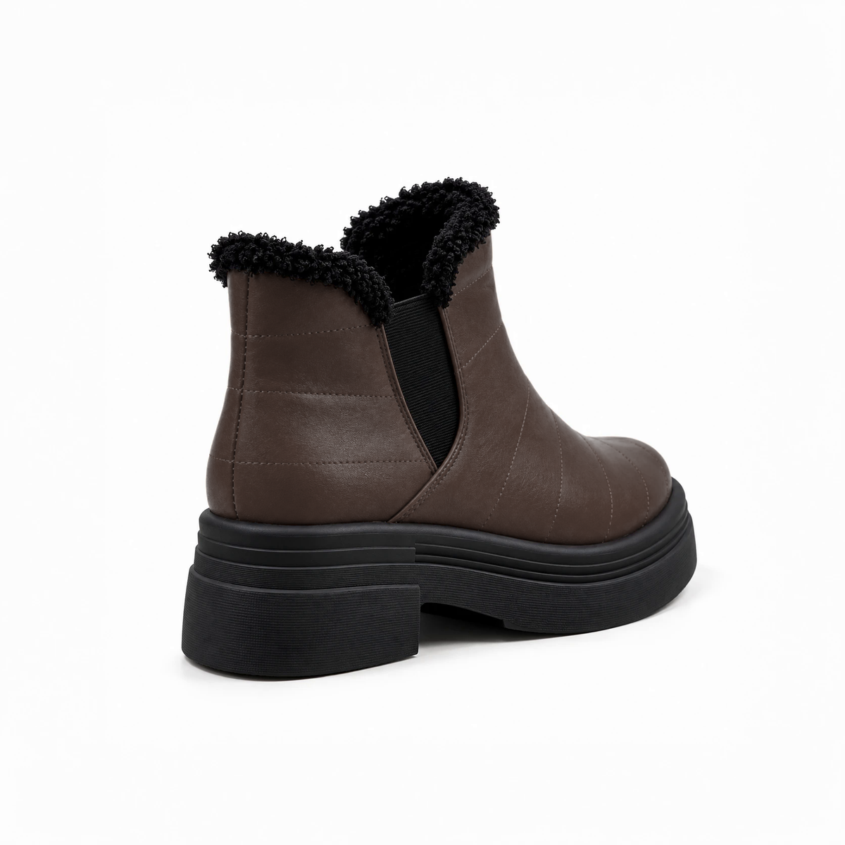 Chocolate Brown Leather Teddy Puffer Boots back view – faux-fur collar – ECADRA