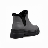 Grey Leather Teddy Puffer Boots back view – faux-fur collar – ECADRA