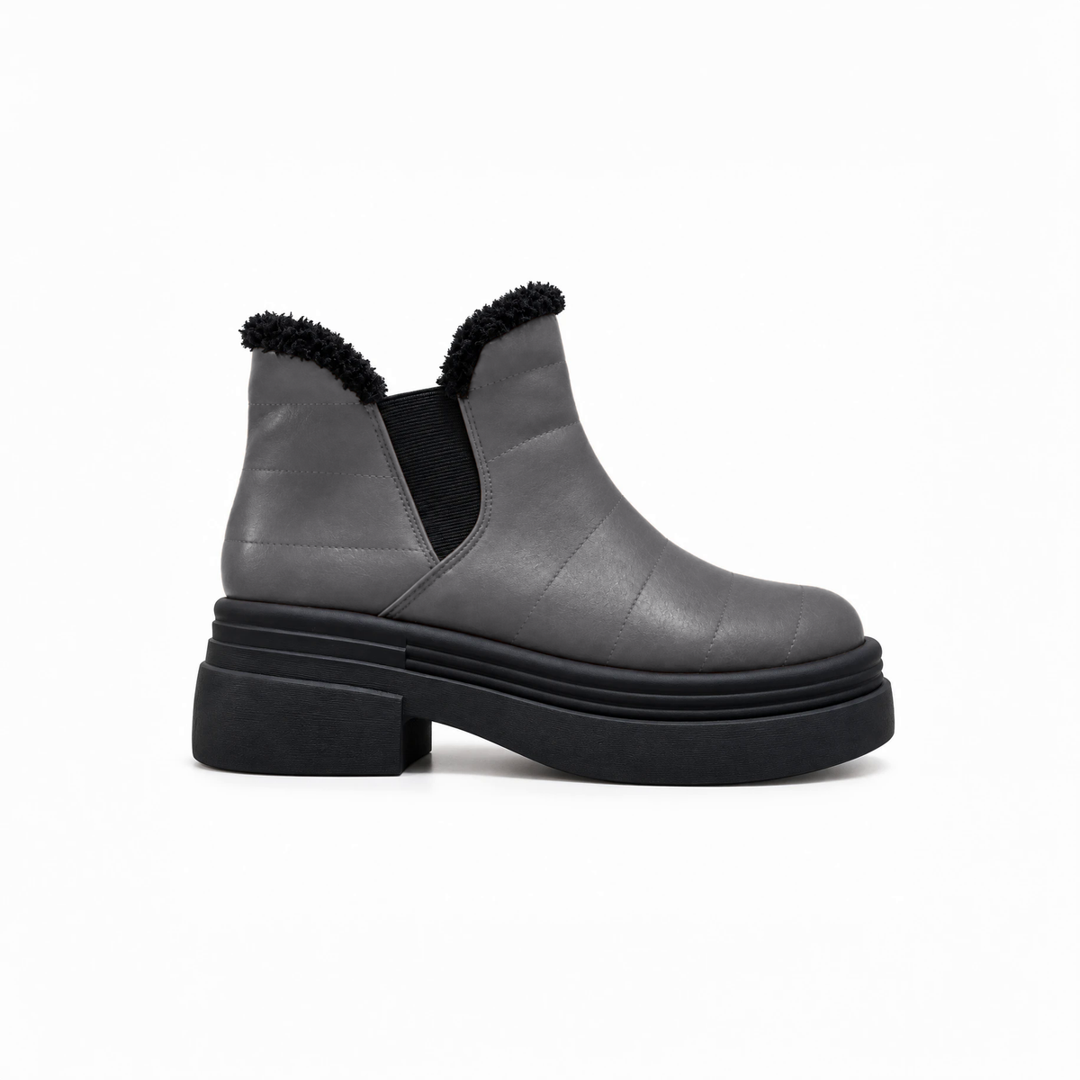 Grey Leather Teddy Puffer Boots side view – chunky platform sole – ECADRA