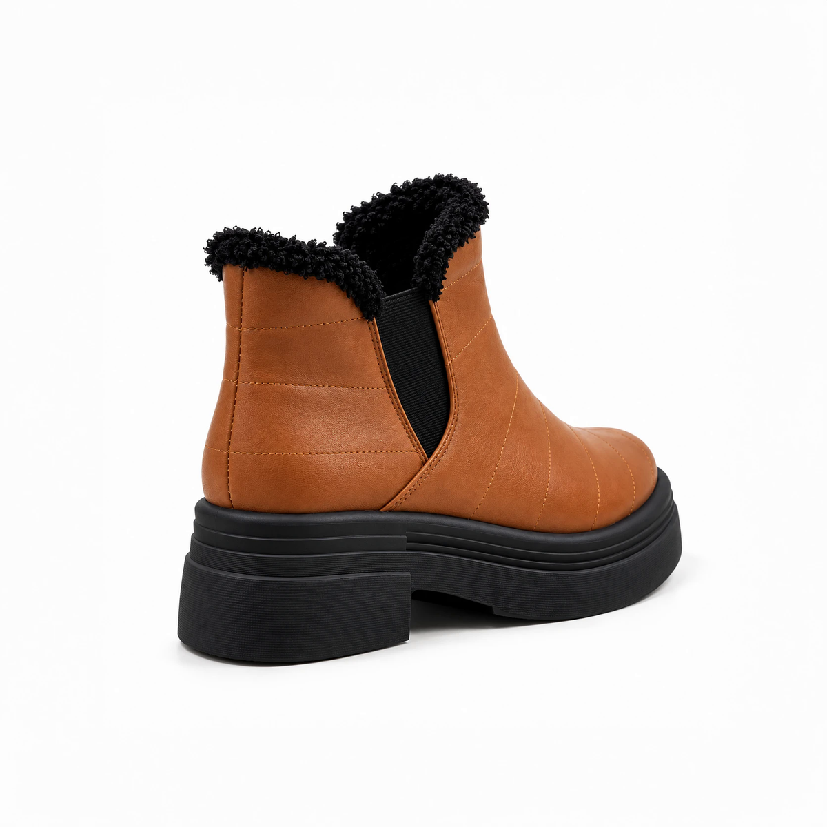 Havana Leather Teddy Puffer Boots back view – faux-fur collar – ECADRA