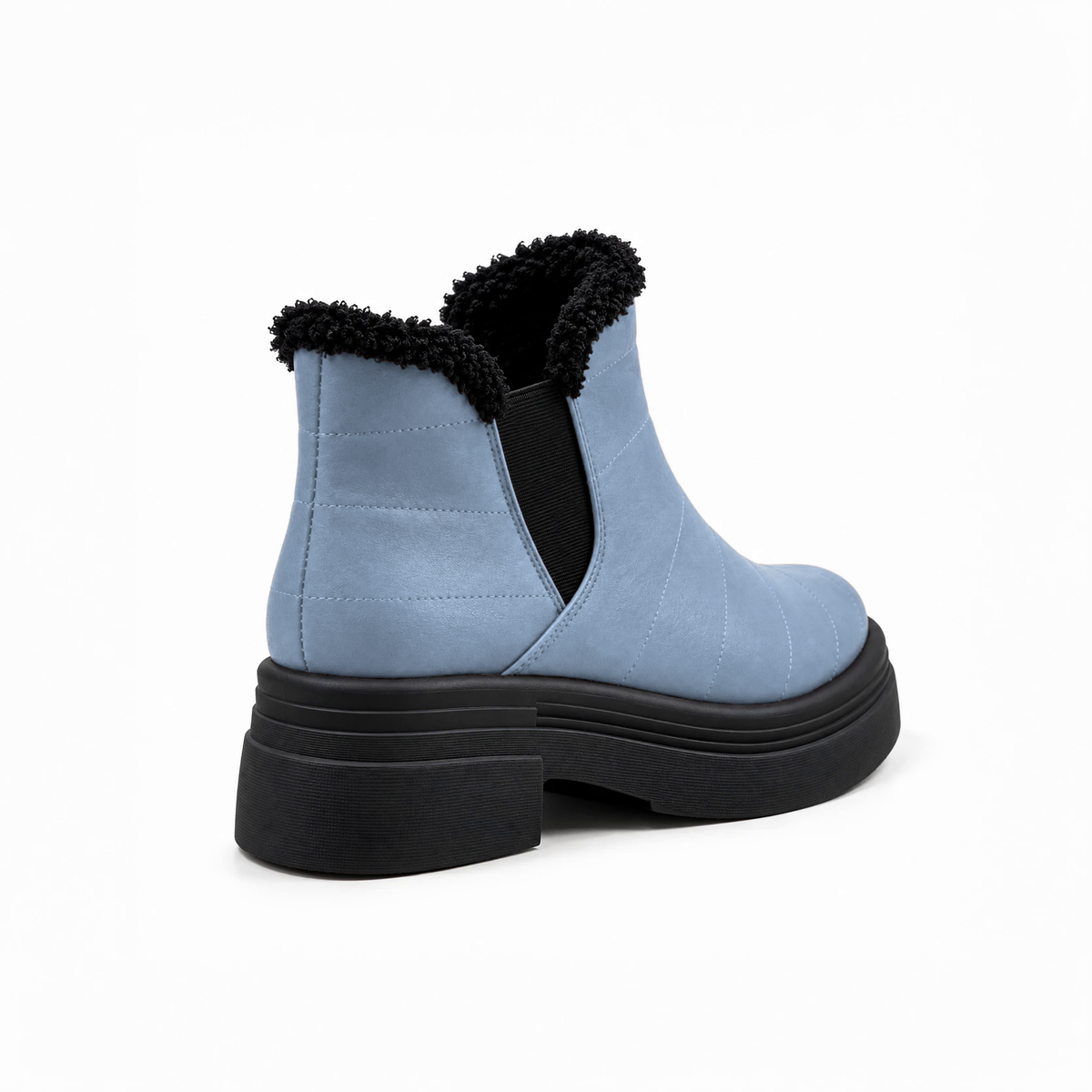 Light Blue Leather Teddy Puffer Boots back view – faux-fur collar – ECADRA